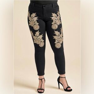 VENUS Black Denim Jeans with Gold Embroidered Embellishments